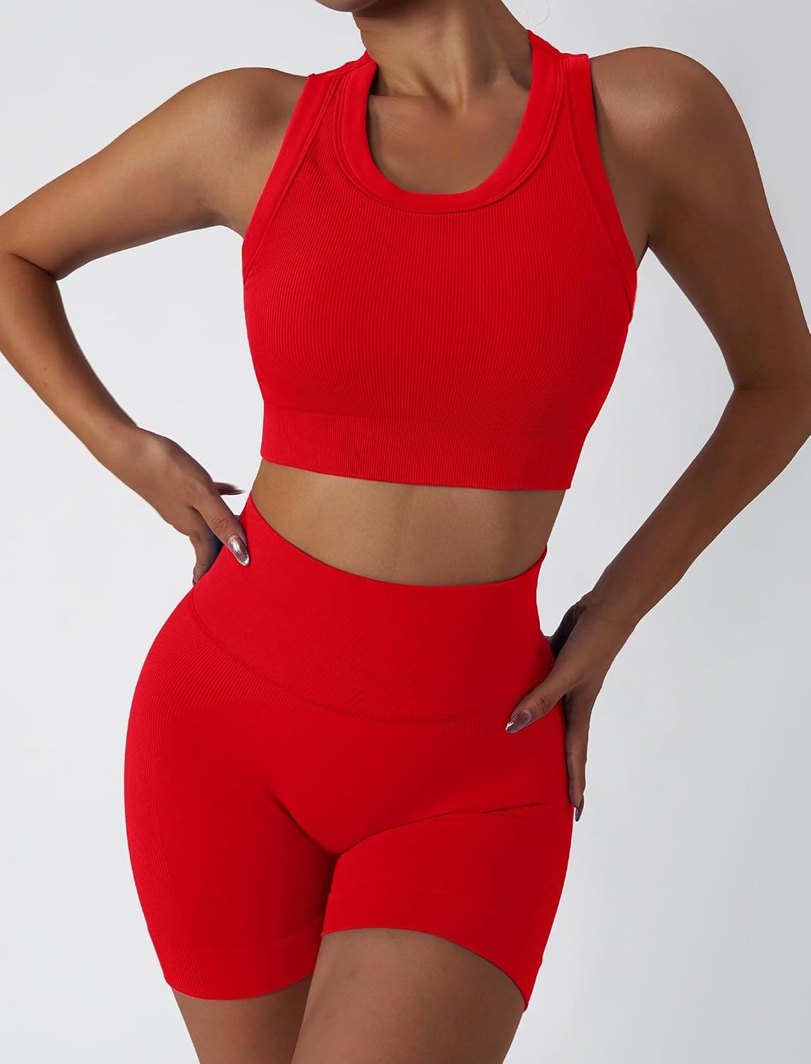 Workout Sets for Women 2 Piece Seamless Ribbed Tank Top Sport Bra High Waist Biker Shorts GYM Yoga Exercise Outfits