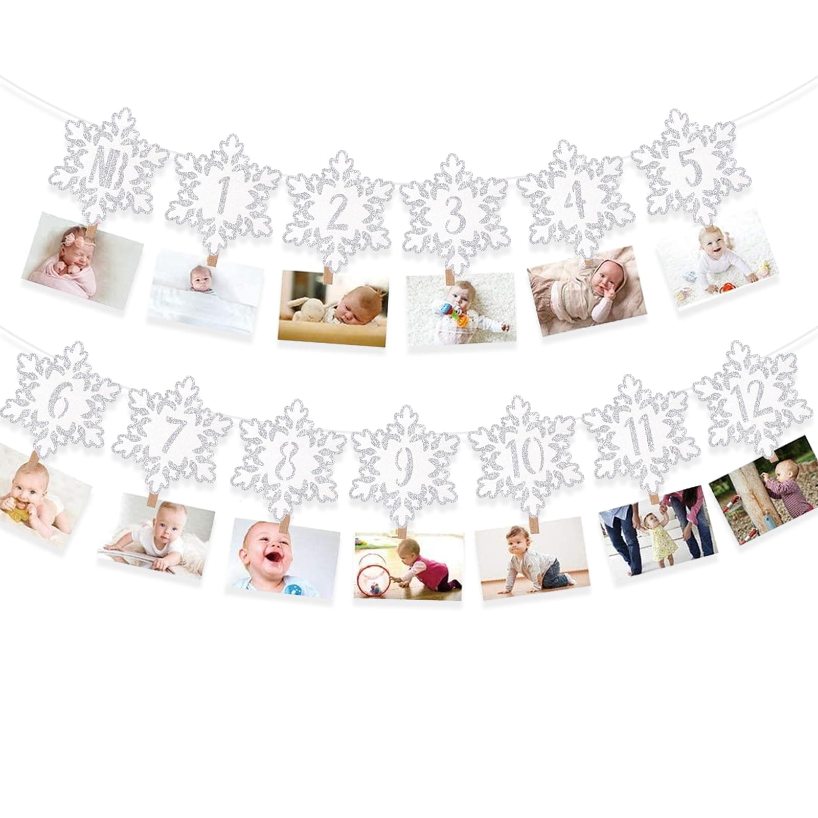 Onsembled DOMOO OF DREAMS Silver Winter Snowflake Photo Banner 12 Month First Birthday Decorations