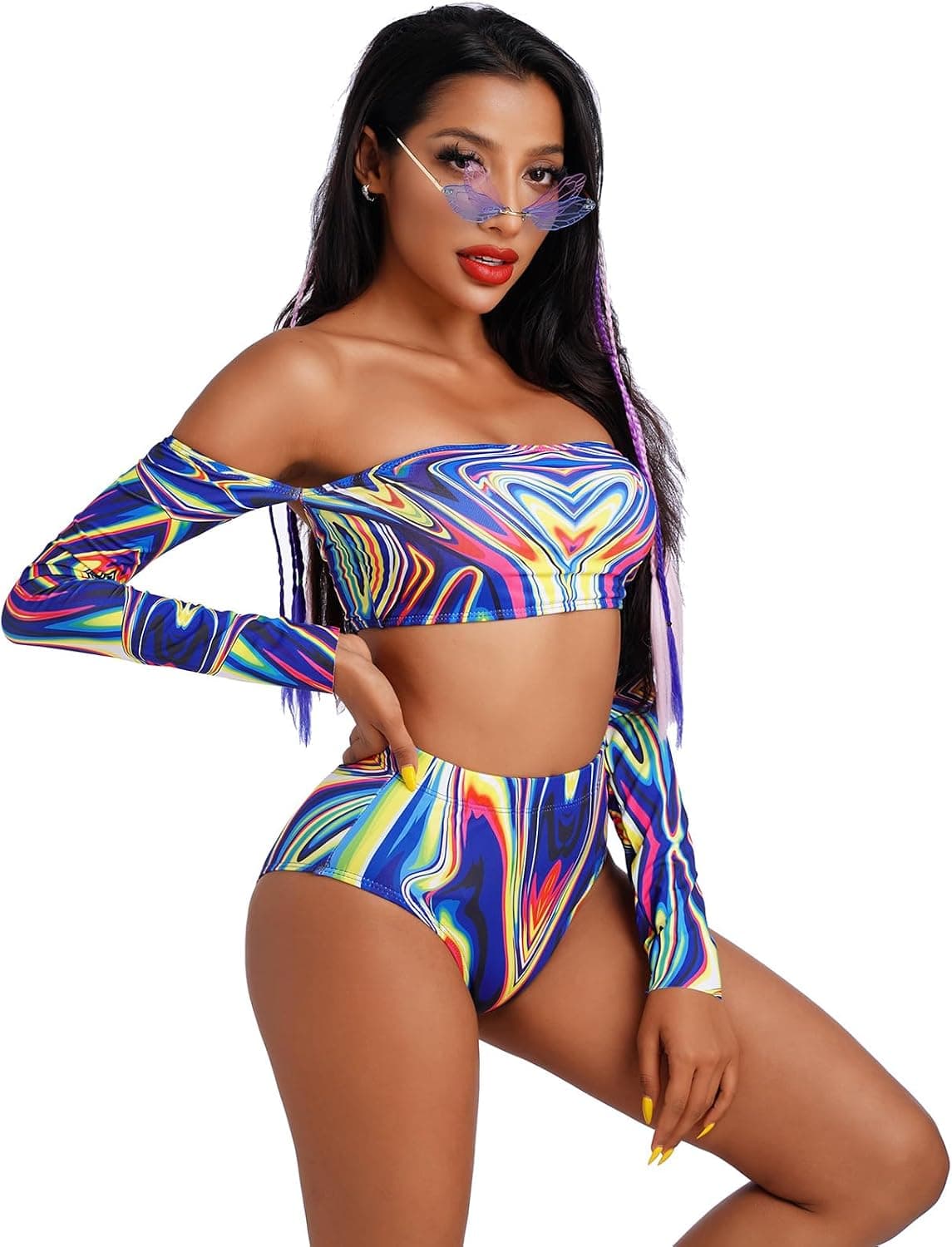 Women Rave Outfit Vintage Bikini Set Rainbow Bra Top with Bottom Summer Beach Holiday Swimwear Bathing Suits