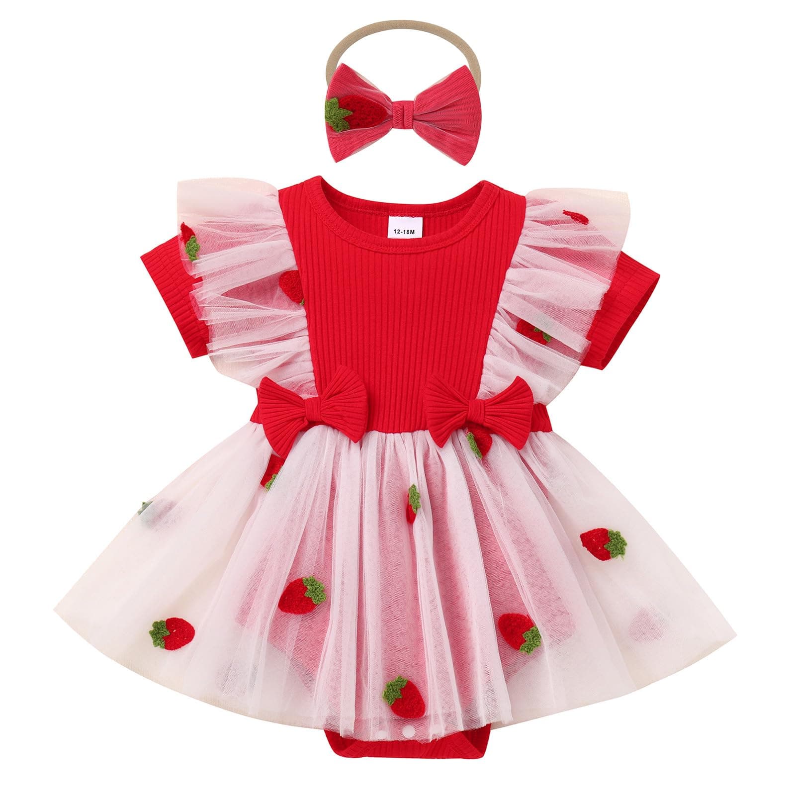 Newborn Baby Girl 1st Birthday Strawberry Butterfly Romper Dress with Headband for Cake Smash Photoshoot