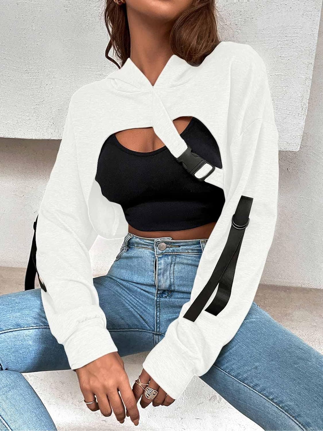 Women Long Sleeve Cropped Super Crop Top Hoodies Sweatshirt Aesthetic Punk Hip Hop Dance Sexy Rave Cloth
