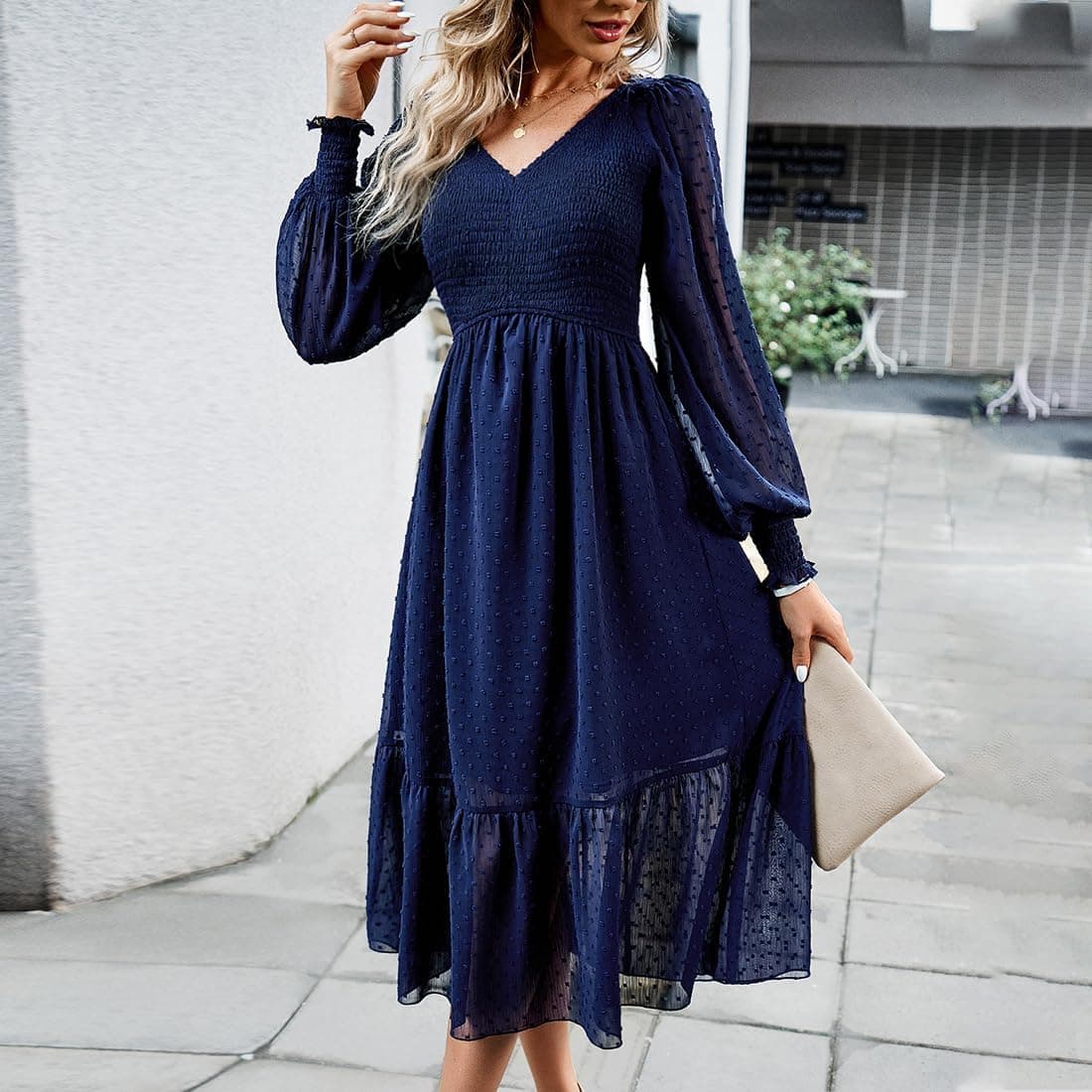 Long Sleeve V Neck Ruffle Dress for Women Boho Swiss Dot Smocked Cocktail Flowy A Line Wedding Party Dresses