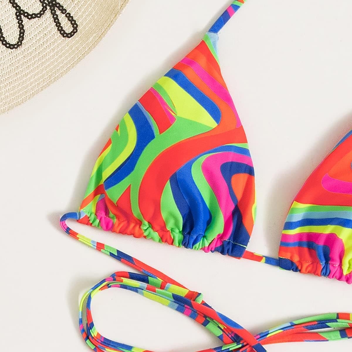 Women Rave Outfit Vintage Bikini Set Rainbow Bra Top with Bottom Summer Beach Holiday Swimwear Bathing Suits