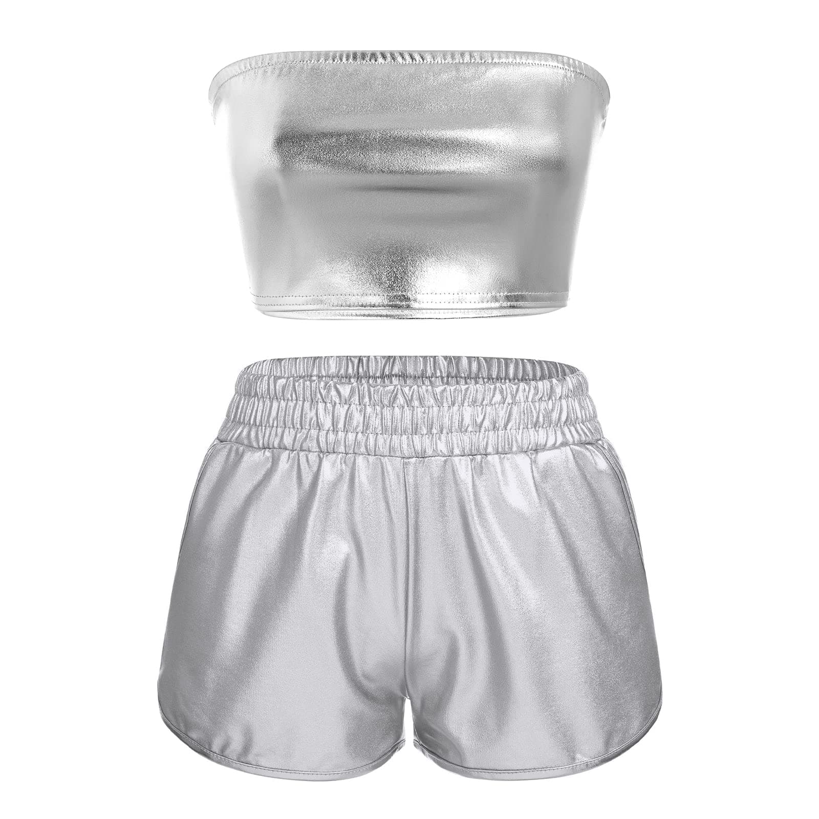 Metallic Rave Outfit for Women: Shiny Crop Top and Shorts for Music Festivals, Halloween Cosplay and Dance Clubwear