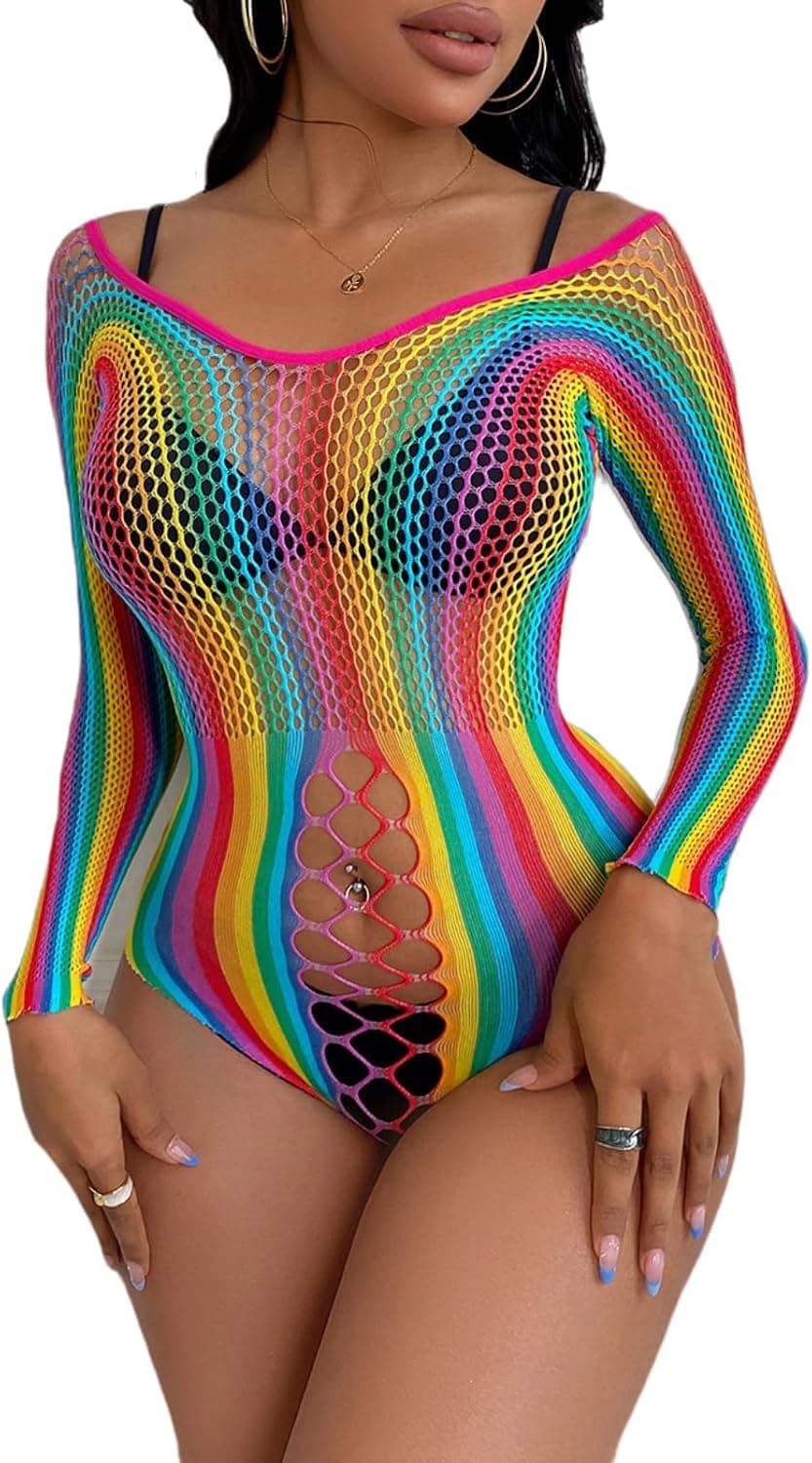 Women Rave Rainbow Mesh See Through Bikini Cover Ups Sexy Sleeveless Hollow Out Bodycon Midi Dress Festival Outfit