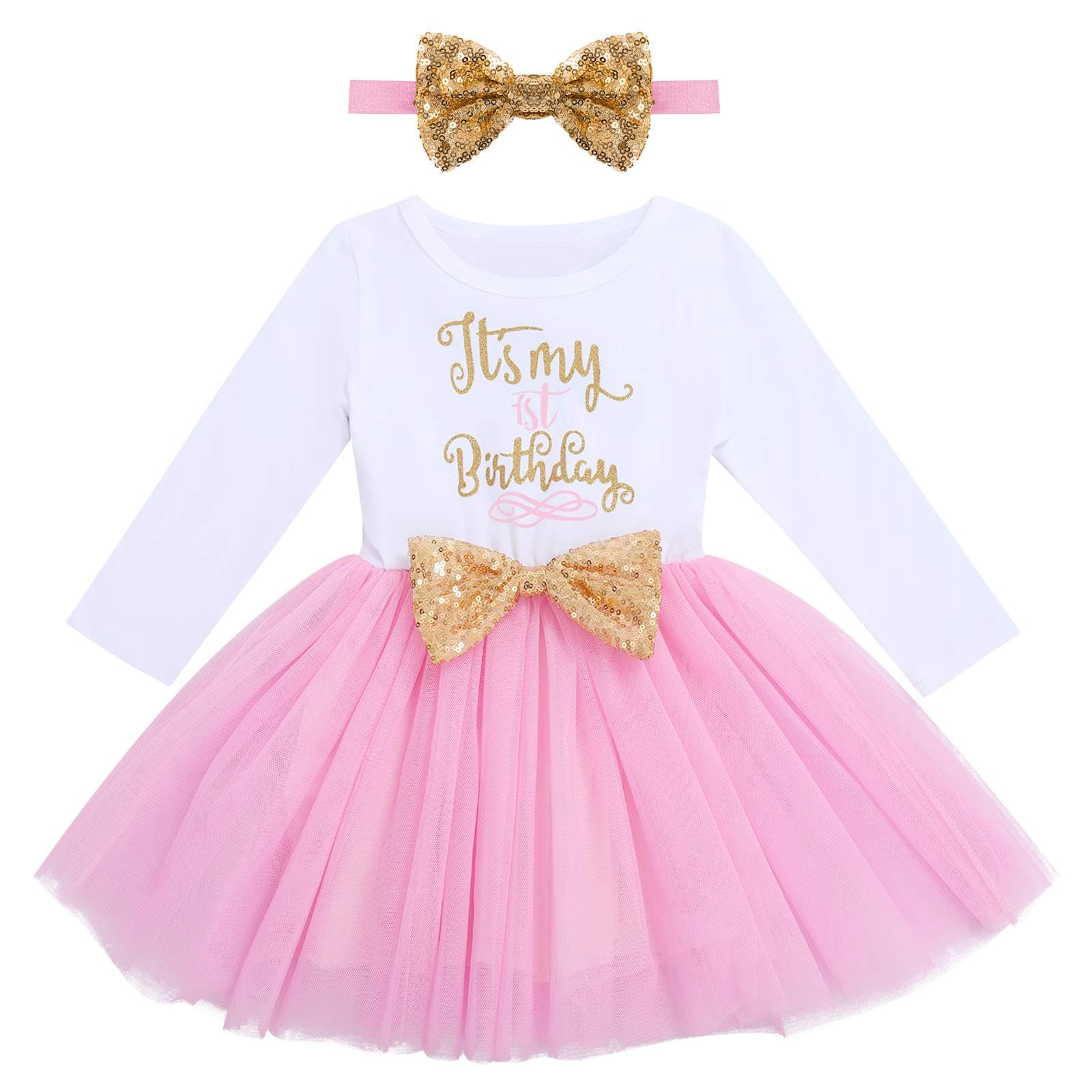 ODASDO My 1st / 2nd / 3rd Birthday Toddler Long Sleeve Tutu Dress & Bowknot Headband Set