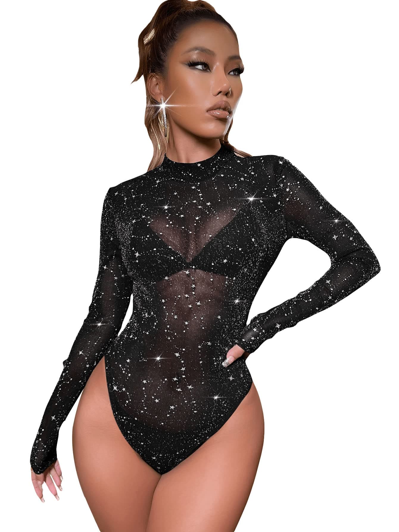 SweatyRocks Women's Leopard Long Sleeve Mesh Bodysuit
