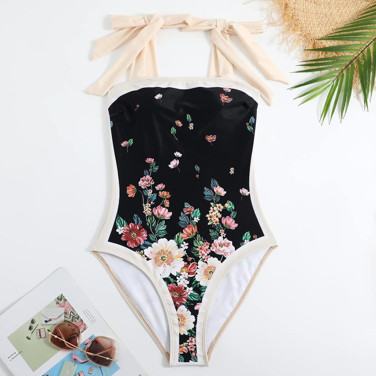 Womens One Piece Swimsuit Vintage Ruffle V Neck Floral Print Bathing Suits Monokini Beachwear