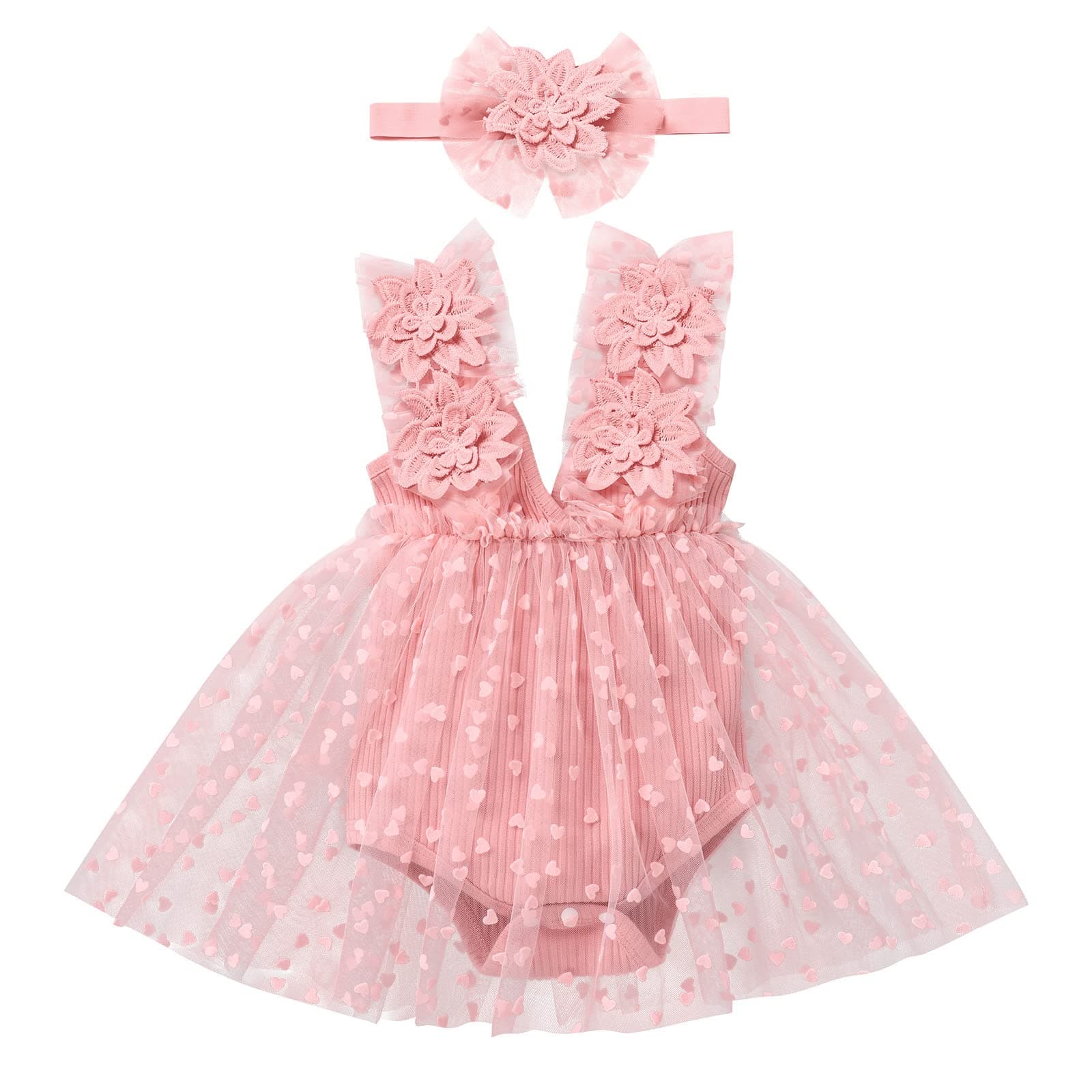 Newborn Baby Girl 1st Birthday Lace Tulle Romper Dress with Floral Headband