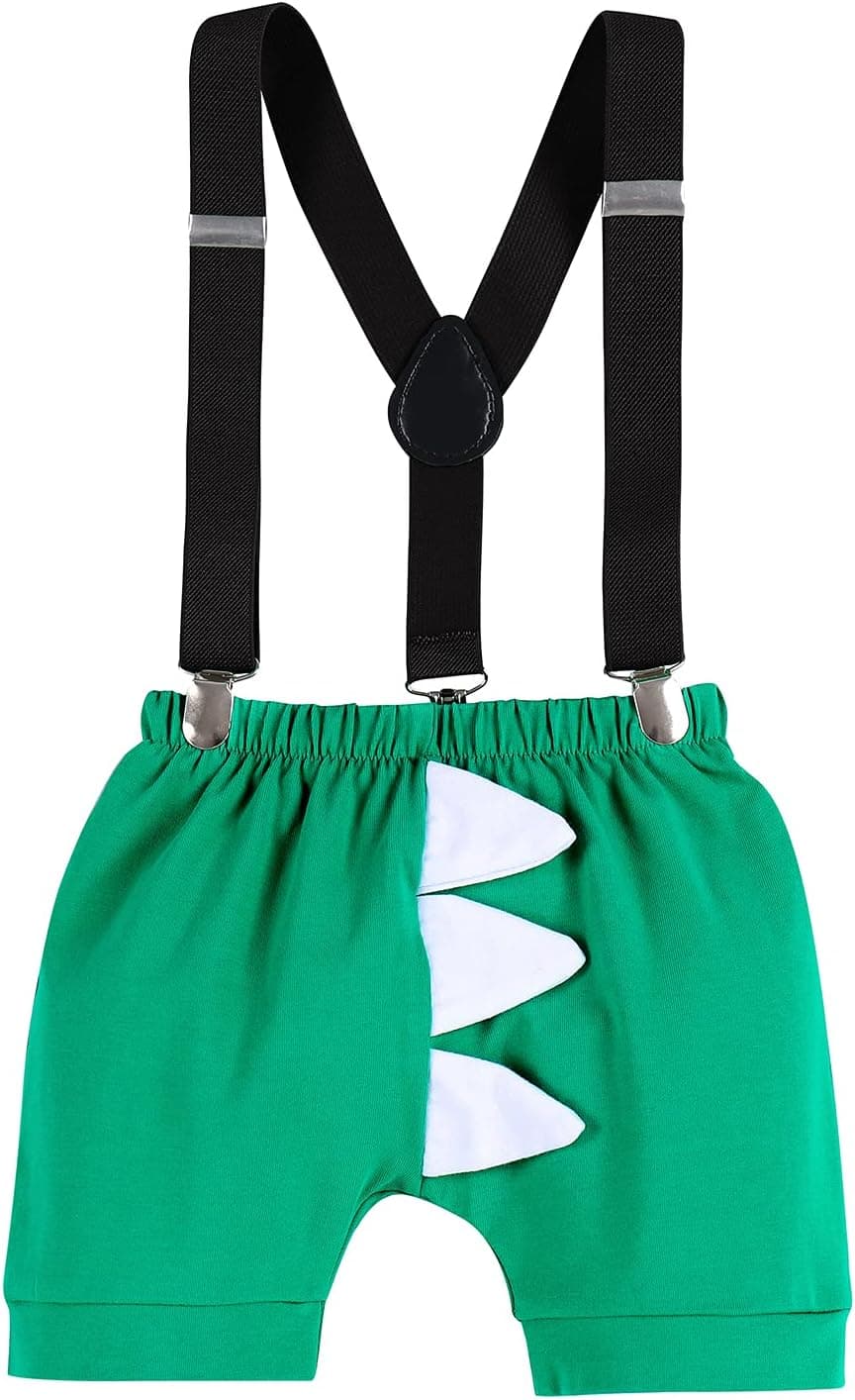 Baby Boys Dinosaur 1st Birthday Outfit Cake Smash Bowtie Romper + Shorts + Suspenders 3PCS Clothes Set for Photo Shoot