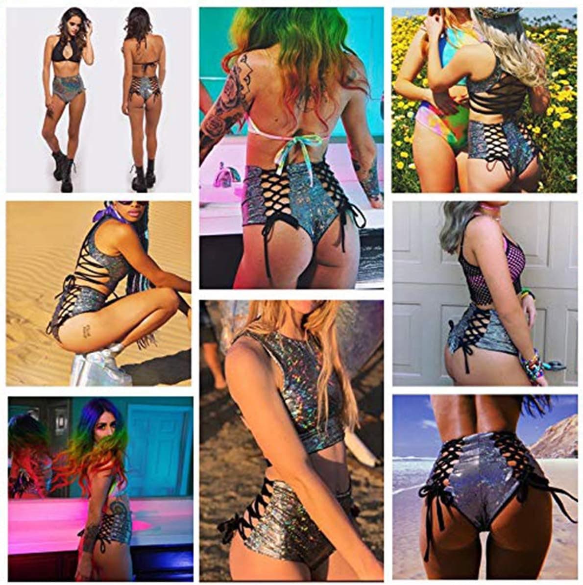 Women Rave Holographic Bodysuit Mini Two Piece Hologram Metallic Silver for Dance Party Clubwear EDM Festival