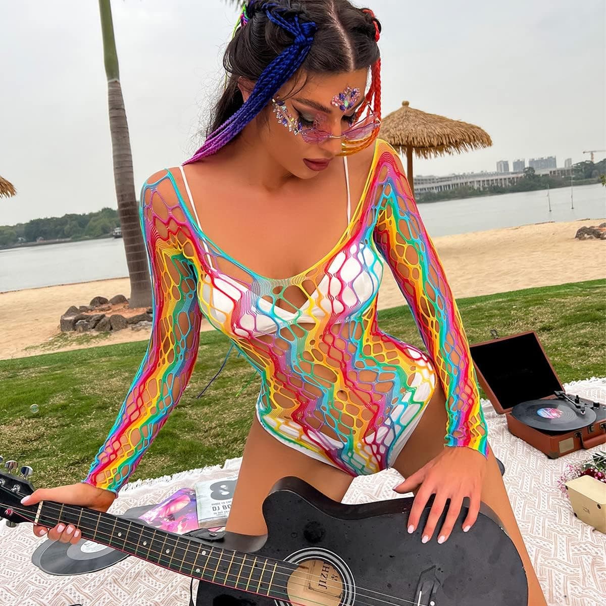 Women Rainbow Rave Outfit Fishnet Dress Bodysuit Music Festivals Halloween Cosplay Costume Sexy Disco Dance Clubwear