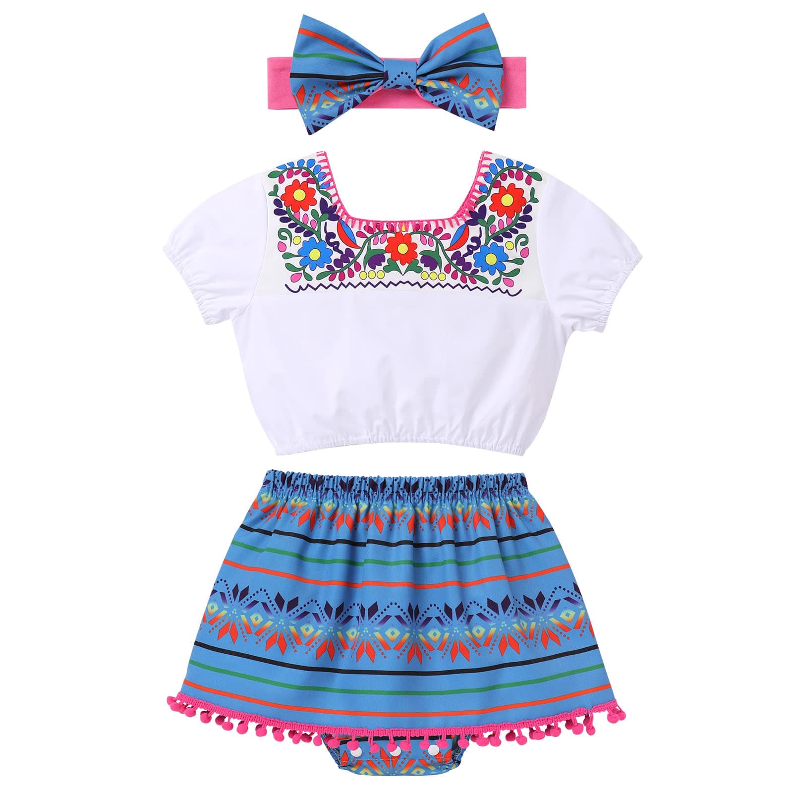 IMEKIS Toddler Girls Mexican Floral Outfit + Top + Skirt + Headband Halloween Costume