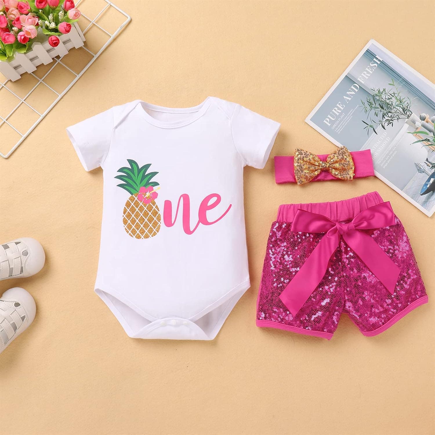 Toddler Baby Girls Melon Birthday Outfit Rainbow Romper Shirt + Shiny Shorts + Headband Kids Cake Smash Clothes 1-5T