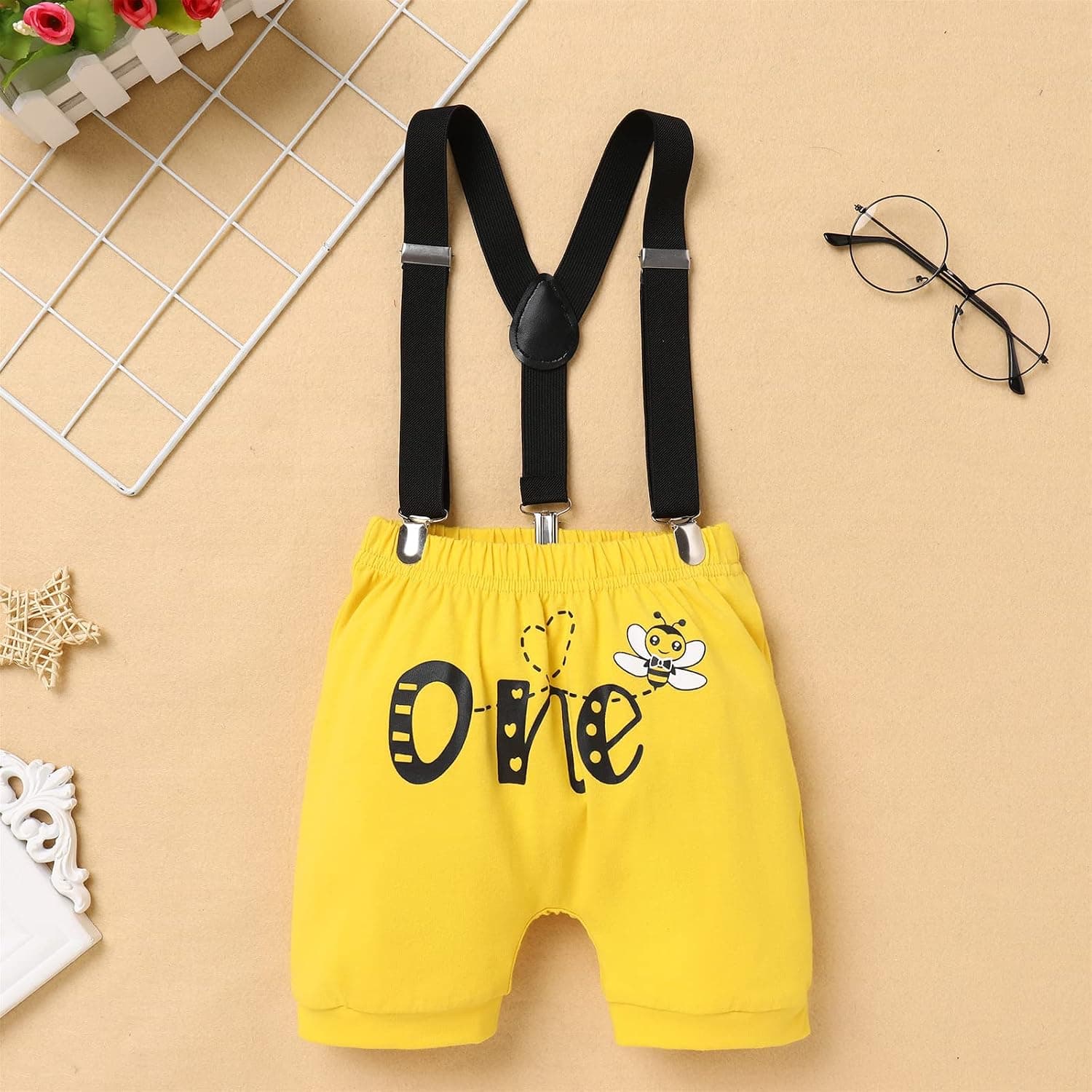 Baby Boys Bee 1st Birthday Outfit Cake Smash Romper Necktie + Shorts Pants + Crown Headband Clothes Set Photo Shoot