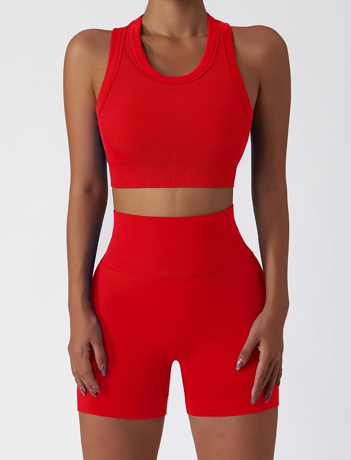 Workout Sets for Women 2 Piece Seamless Ribbed Tank Top Sport Bra High Waist Biker Shorts GYM Yoga Exercise Outfits