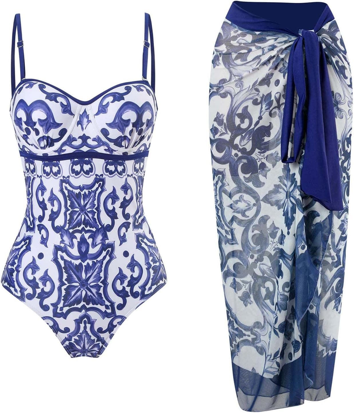 Womens Bikini Set 2 Piece Boho Vintage Print Halter Tummy Control Strappy Swimsuits with Bikini Maxi Wrap Skirt