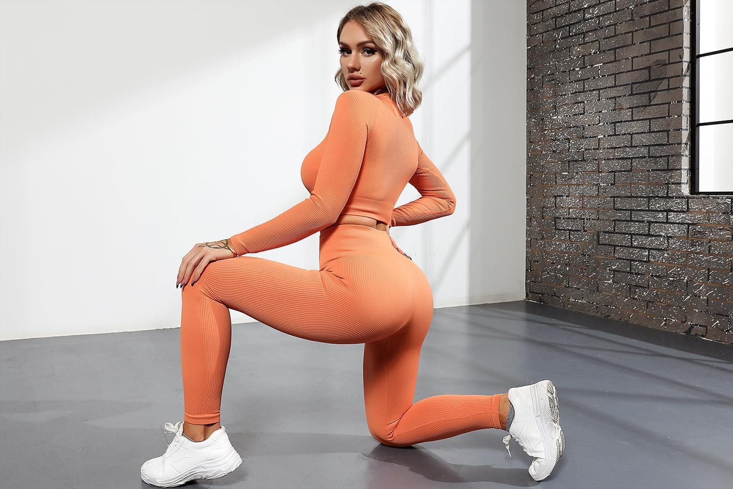Seamless Workout Outfits for Women 2 Piece Ribbed Long Sleeve Crop Top Tummy Control Leggings Sets