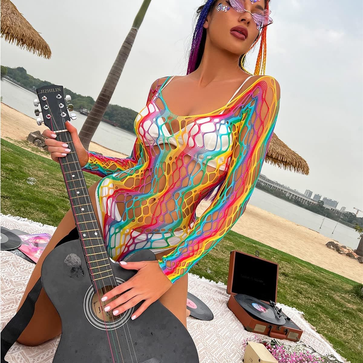 Women Rainbow Rave Outfit Fishnet Dress Bodysuit Music Festivals Halloween Cosplay Costume Sexy Disco Dance Clubwear