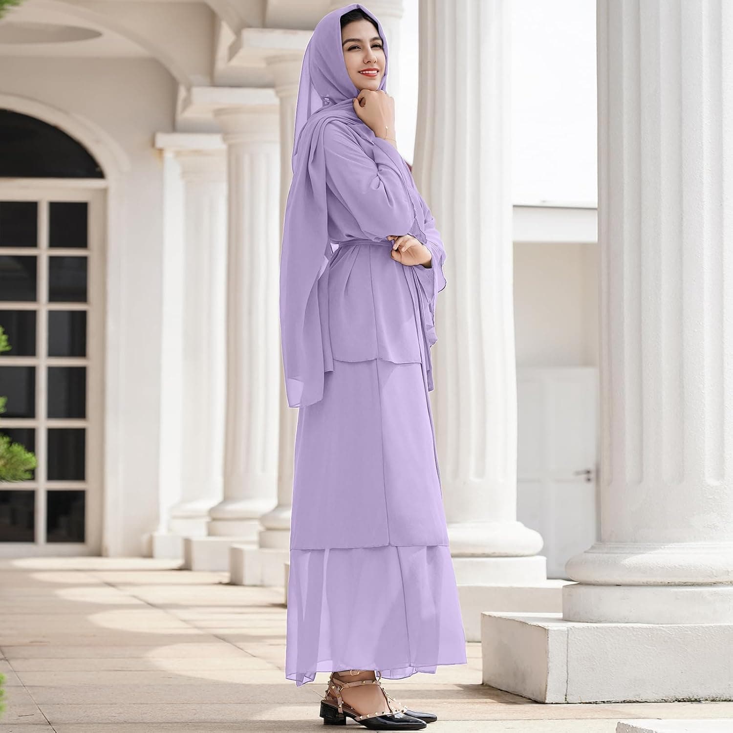 Women Muslim Chiffon Abaya Modest Open Front Cardigan Dress with Hijab Middle East Arabian Robe Islamic Dubai Outfit