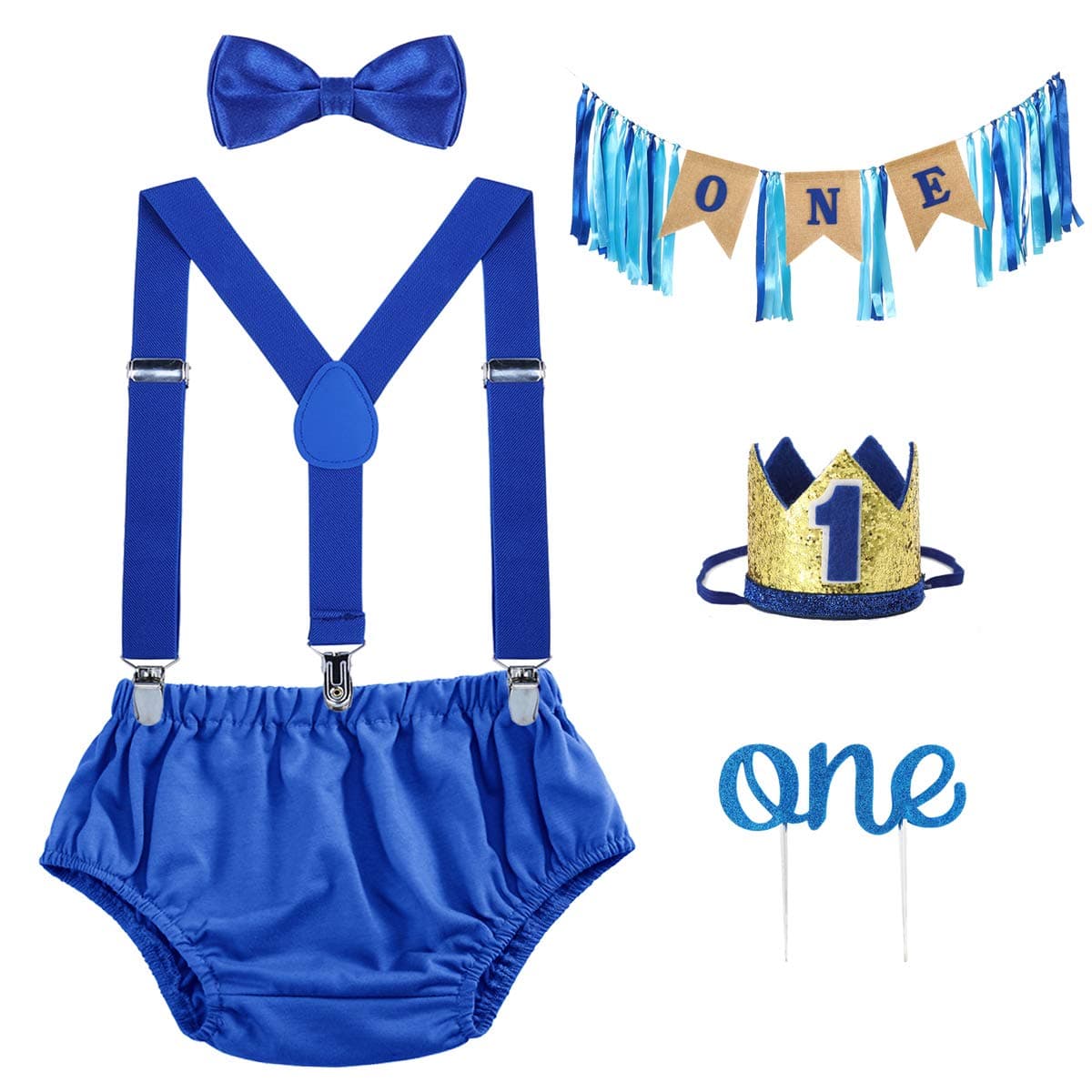 1st Birthday Cake Smash Outfit and Decorations Set in Royal Blue
