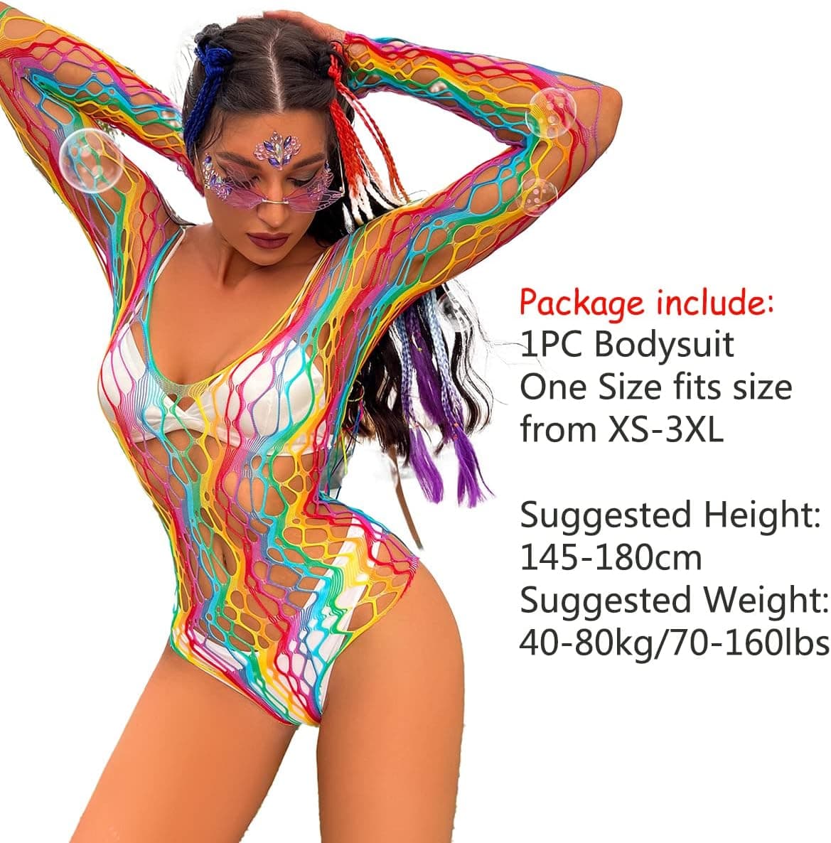 Women Rainbow Rave Outfit Fishnet Dress Bodysuit Music Festivals Halloween Cosplay Costume Sexy Disco Dance Clubwear