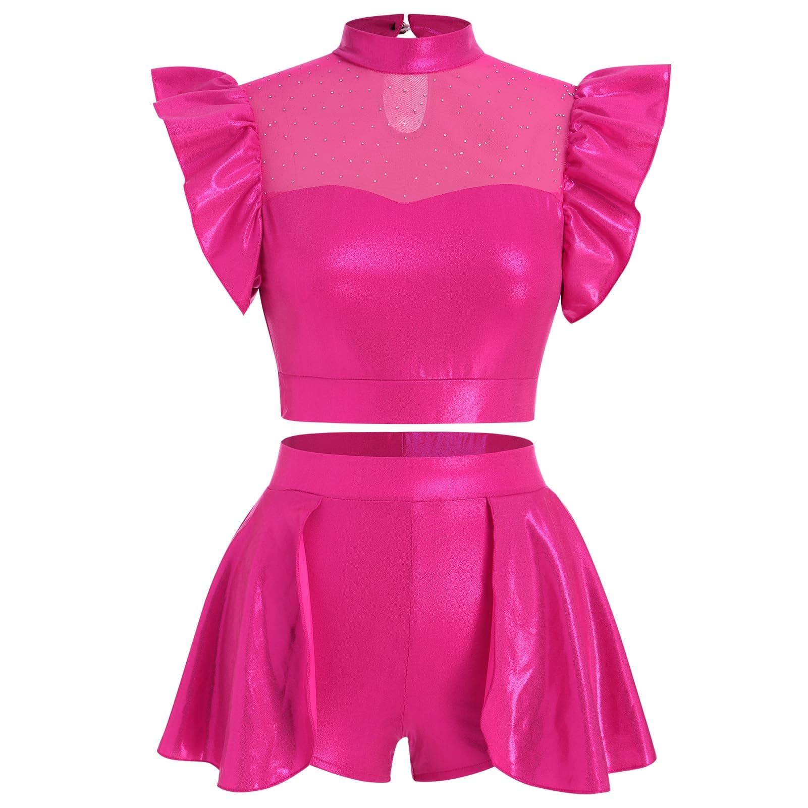 ODASDO Women Shiny Metallic Dance Outfit Crop Top + Skirted Shorts Set