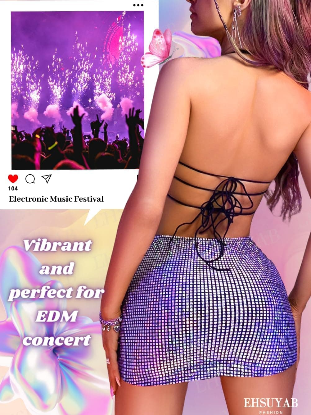 Rave Clothes for Women, Star Tie Bra, Skirt Wrap, Shiny Metallic Outfits