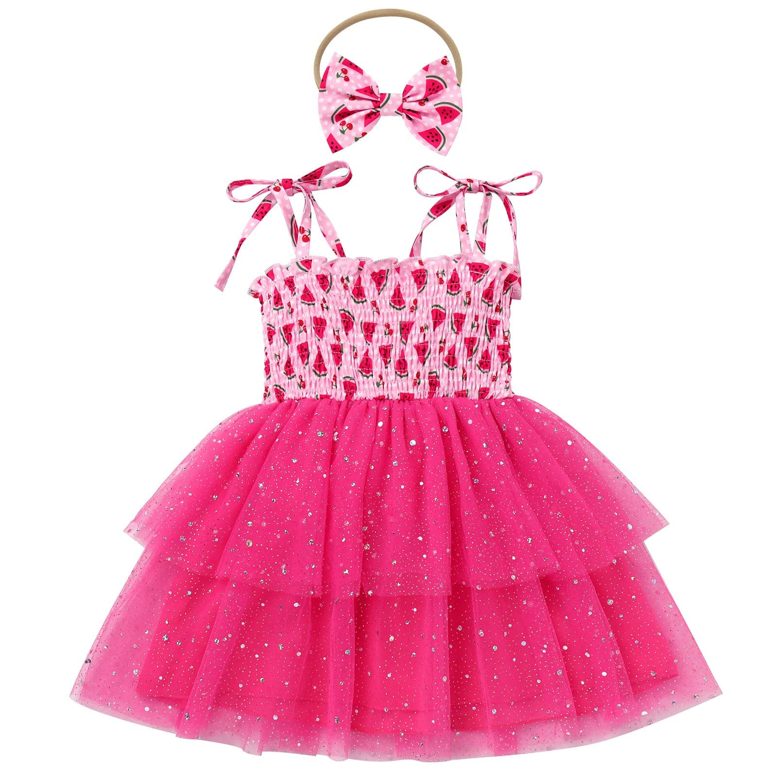 IMEKIS Toddler Girl Boho Birthday Dress & Headband Straw Melon Party Outfit