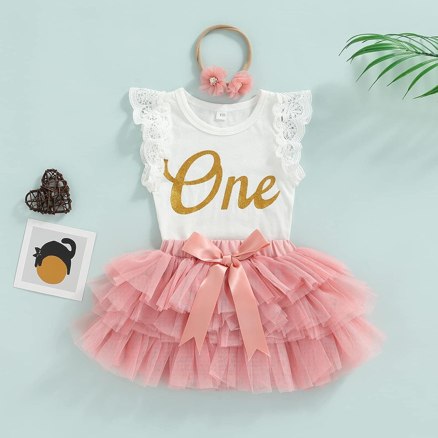 Baby Girl First Birthday Outfit One Fly Sleeve Romper and Tutu Skirts Set with Headband Baby My 1st Birthday Clothes