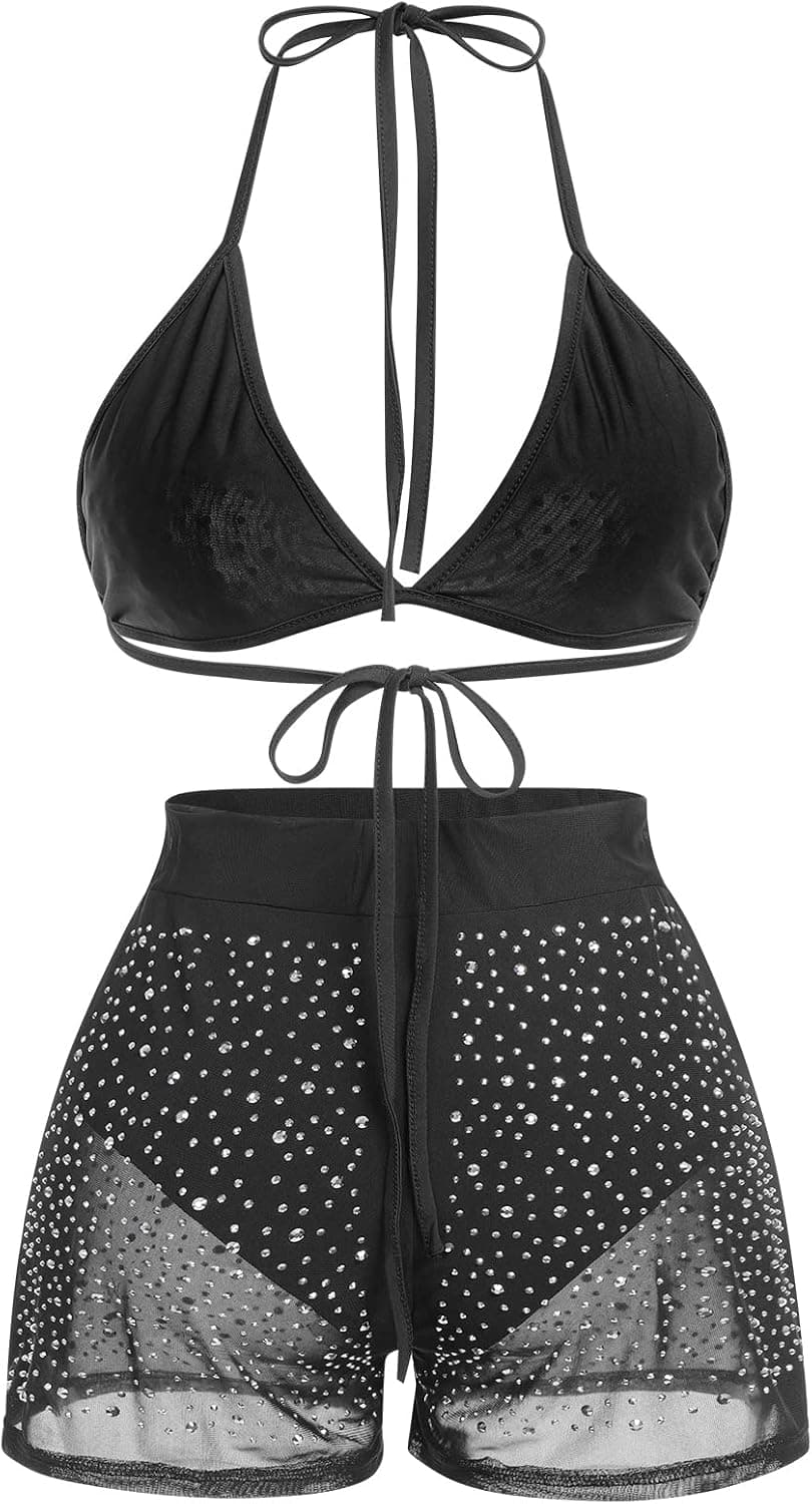 Women Sparkle Rhinestone Rave Outfits Mesh Halter Bra Top with Shorts Festivals Pole Dance Costume Summer Bikini Set