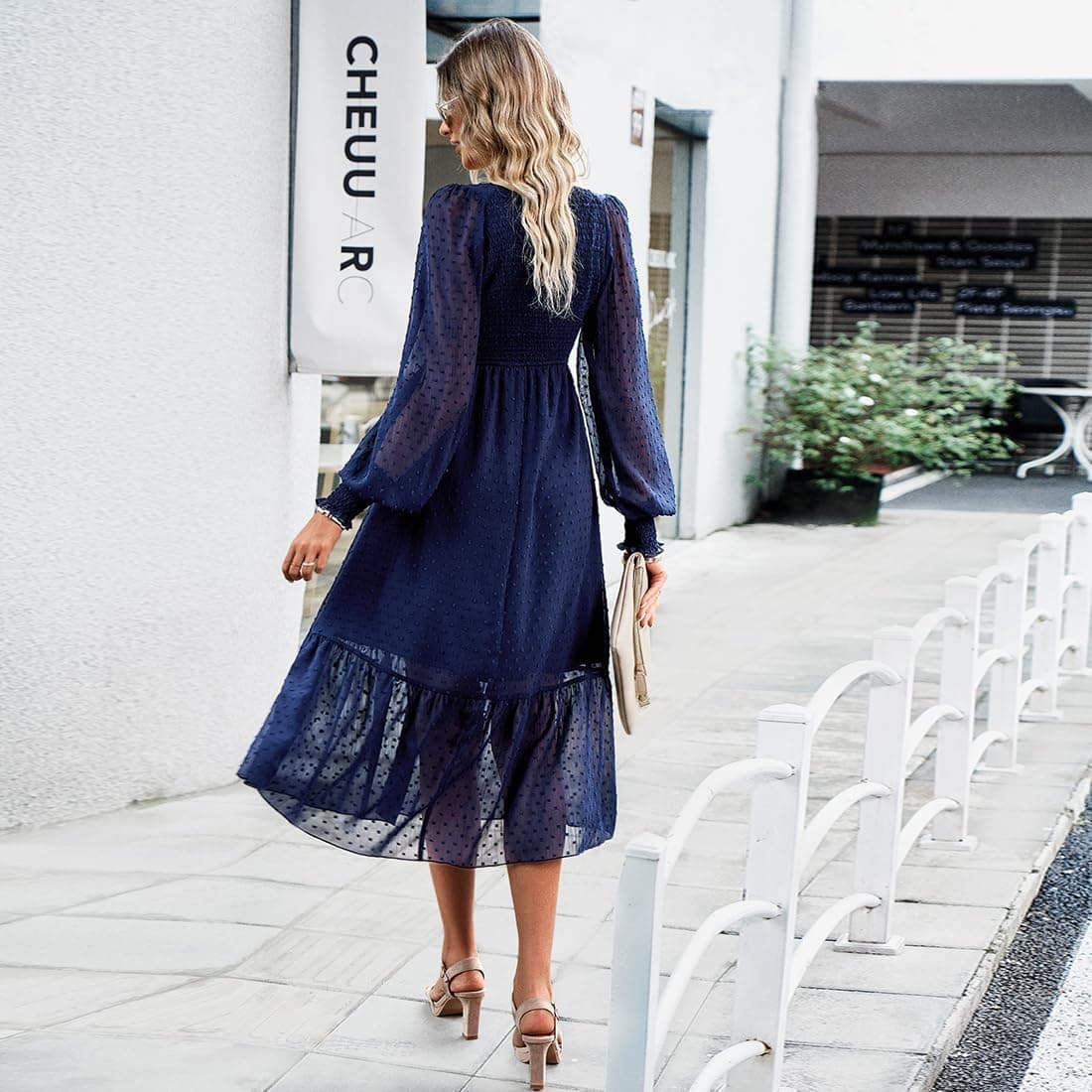 Long Sleeve V Neck Ruffle Dress for Women Boho Swiss Dot Smocked Cocktail Flowy A Line Wedding Party Dresses