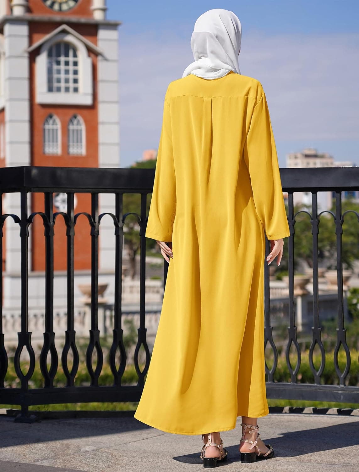 Muslim Abaya Long Sleeve Button Up Maxi Shirt Dress for Women Modest Islamic Prayer Cover Up Robe with Pockets