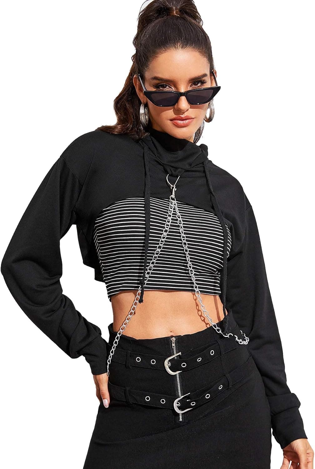 Women's Solid Black Long Sleeve Pullover Crop Top Hoodie