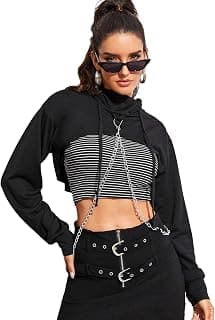 Women's Solid Black Long Sleeve Pullover Crop Top Hoodie
