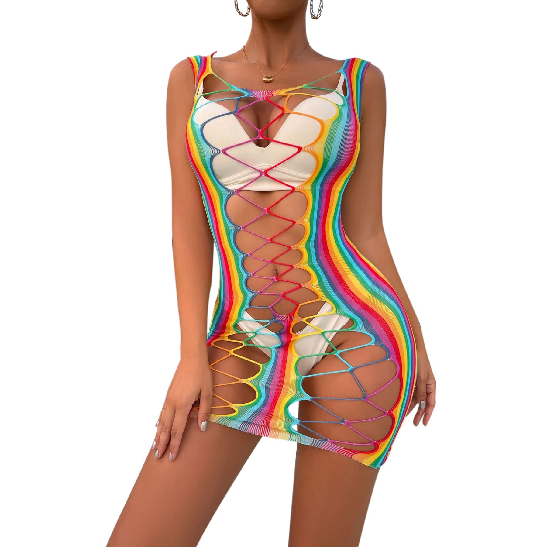 MINGSEECESS Women's Rainbow Striped See-Through Bodysuit Bikini Cover-Up
