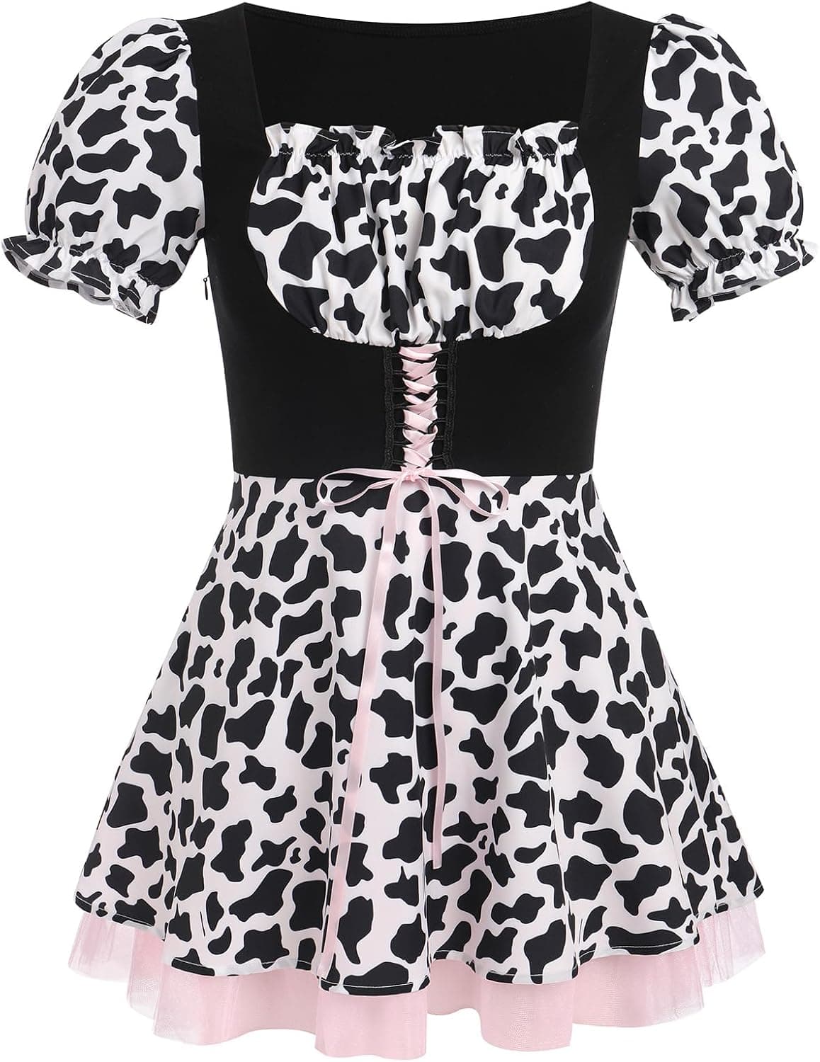 Women Cow Halloween Costume Cow Print Dress + Headband + Bowtie Anime Animals Cosplay Outfit 3 Piece Set