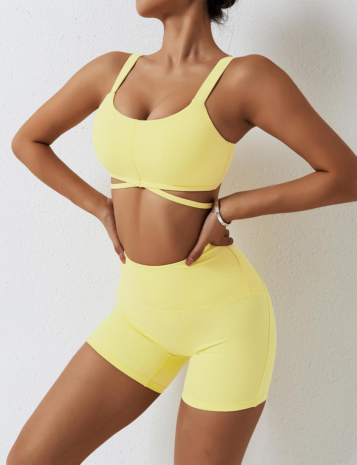 Workout Sets for Women 2 Piece Twist Front Halter Sports Bras High Waist Booty Shorts Exercise Gym Yoga Outfit