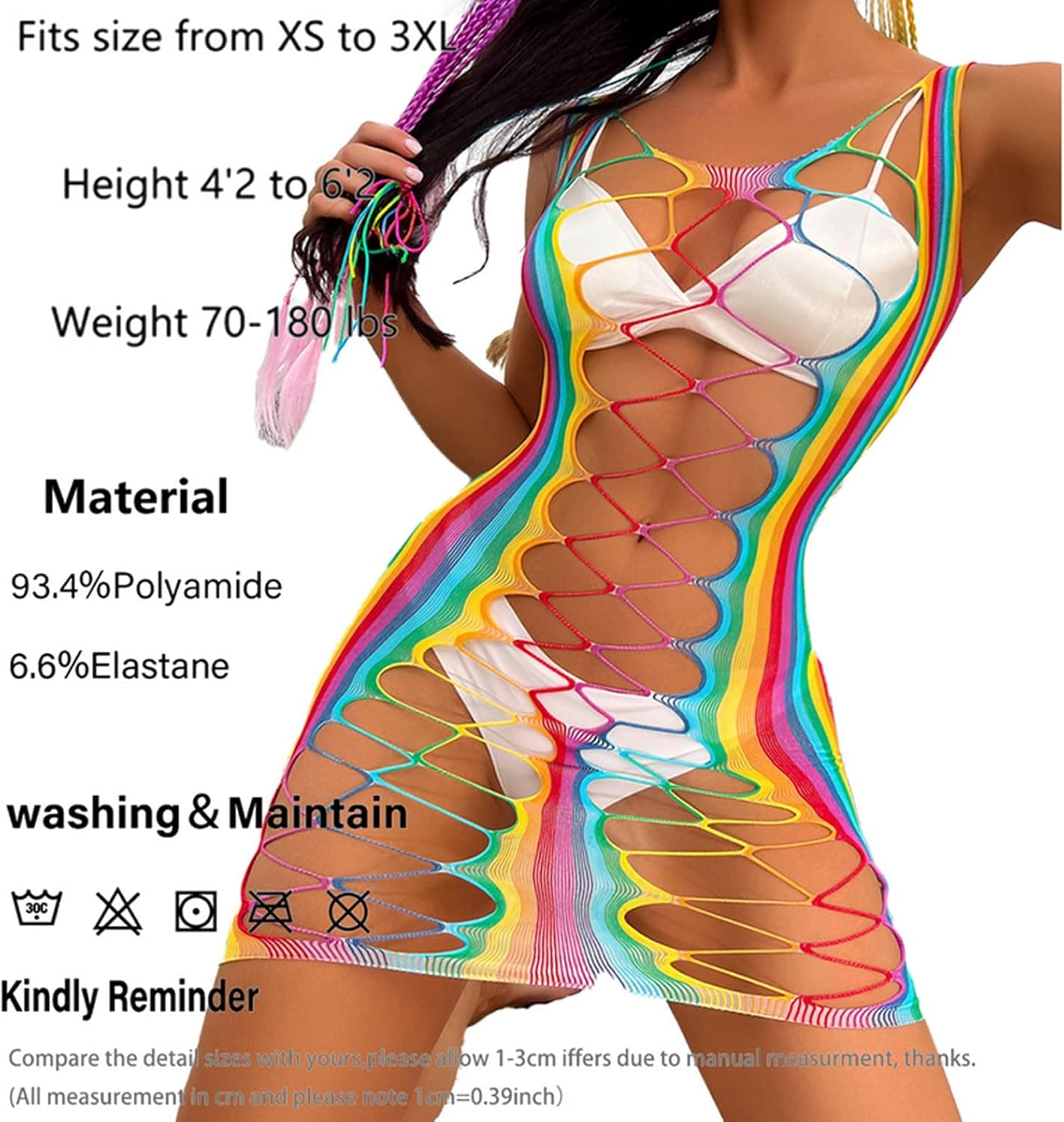Women’s Sexy Rainbow Striped Mesh See Through Bodysuit Swimwear Bikini Cover Ups Swimsuit Rave Festivals Outfits