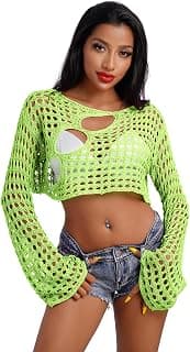 Women Hollow Out Crochet Knit Crop Tops Summer Beach Cover Up Bell Long Sleeve Rave Sweaters Tops