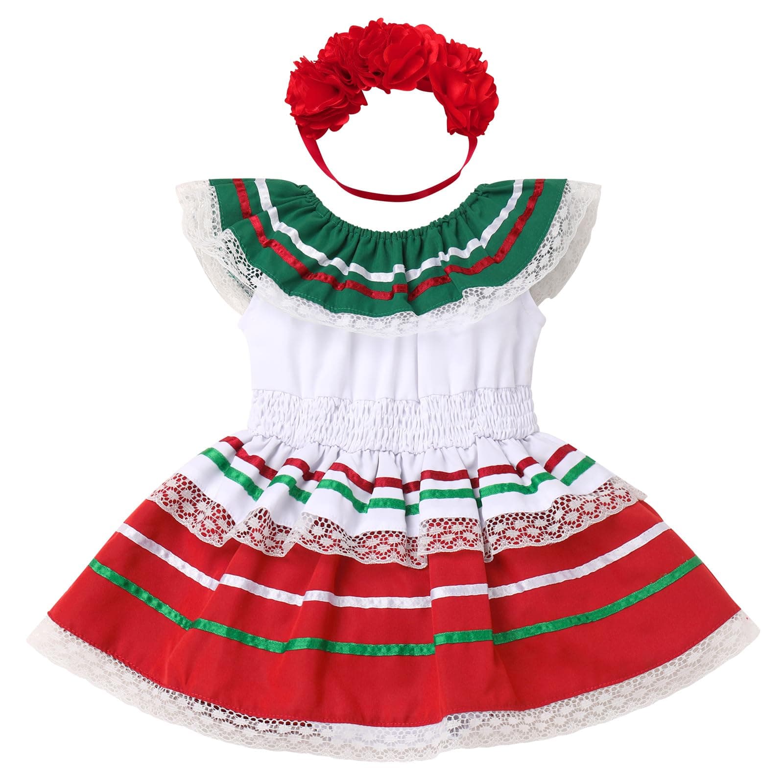 Baby Girl Mexican Fiesta Romper Dress with Flower Headband