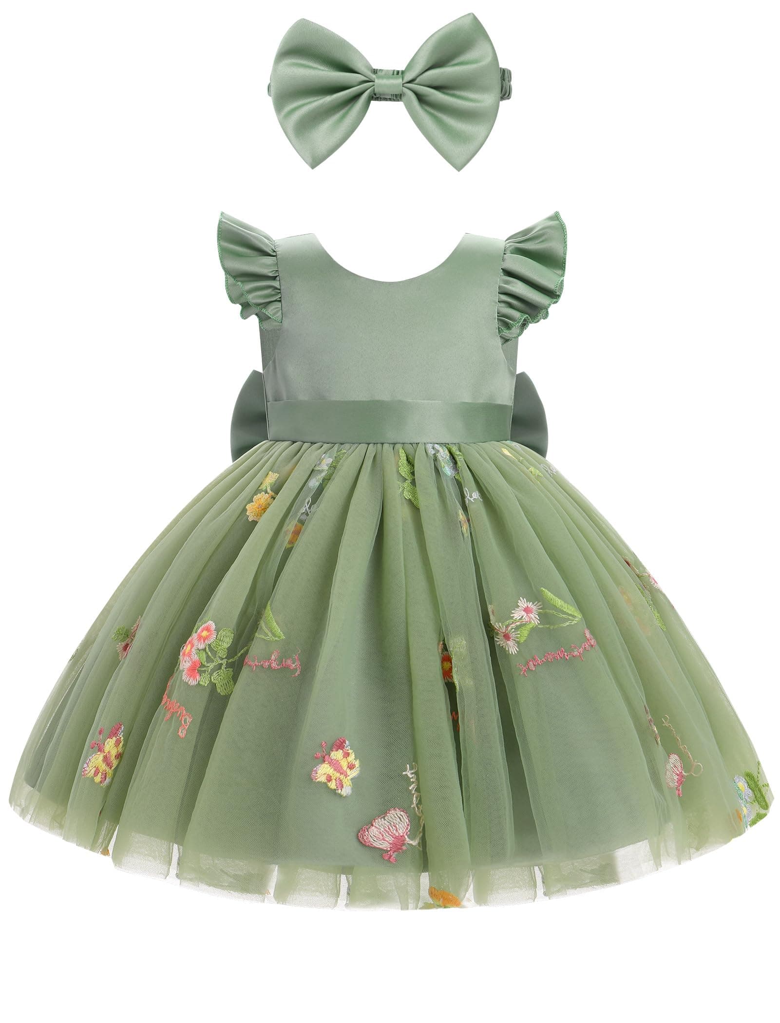 IMEKIS Toddler Girls Satin Tulle Dress with Headband Embroidery