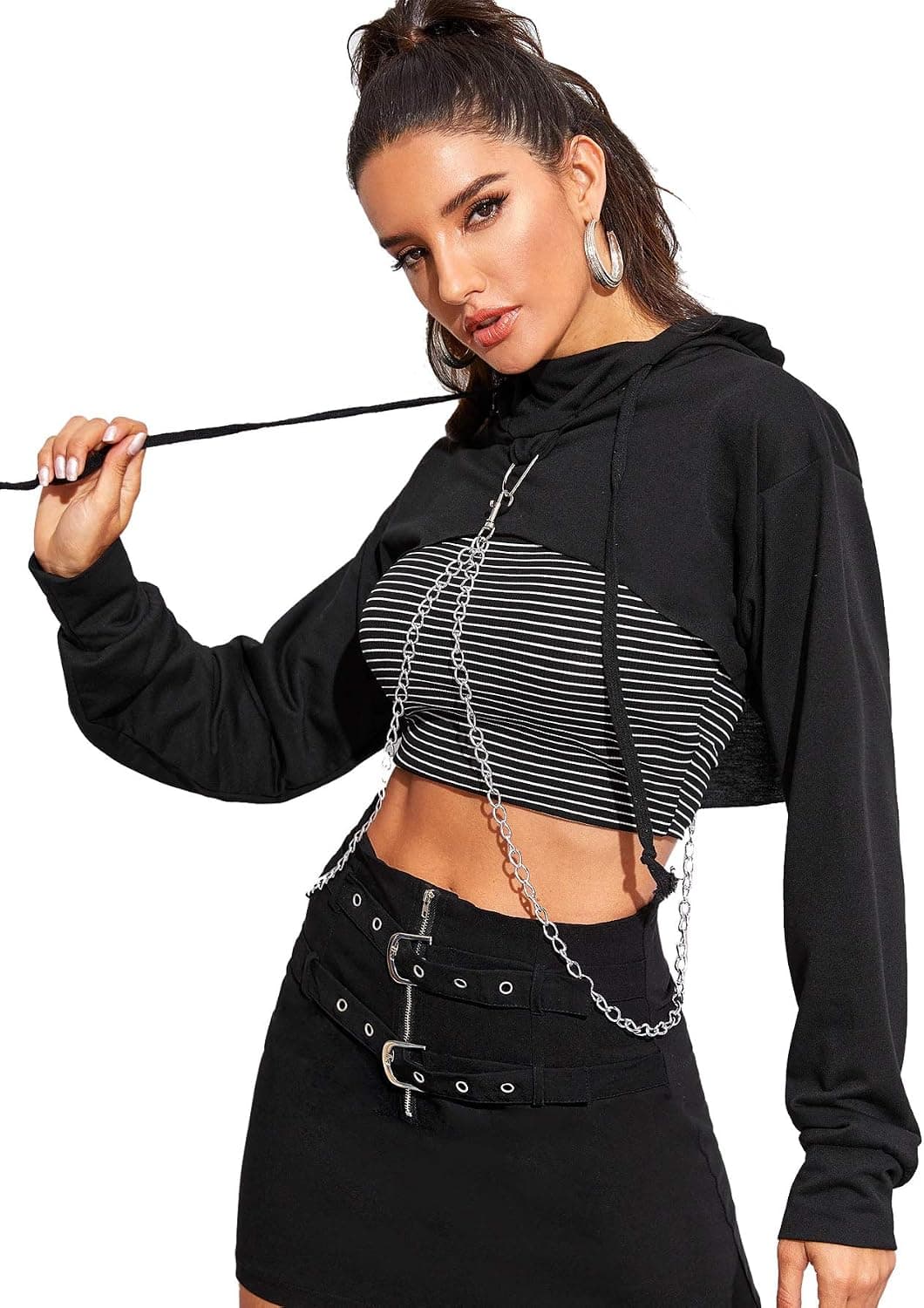 Women's Solid Black Long Sleeve Pullover Crop Top Hoodie