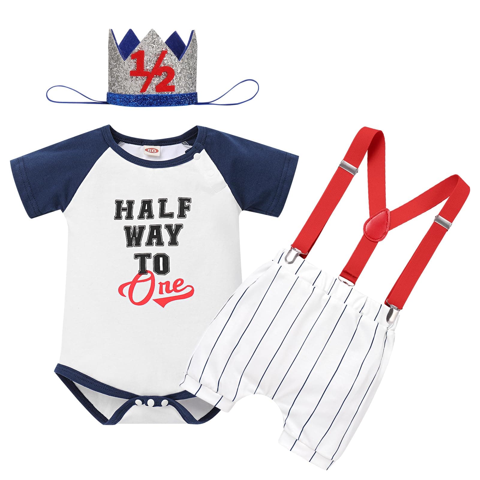 Half Birthday Outfit for Baby Boy: Romper, Suspenders, Crown Smash Cake Set