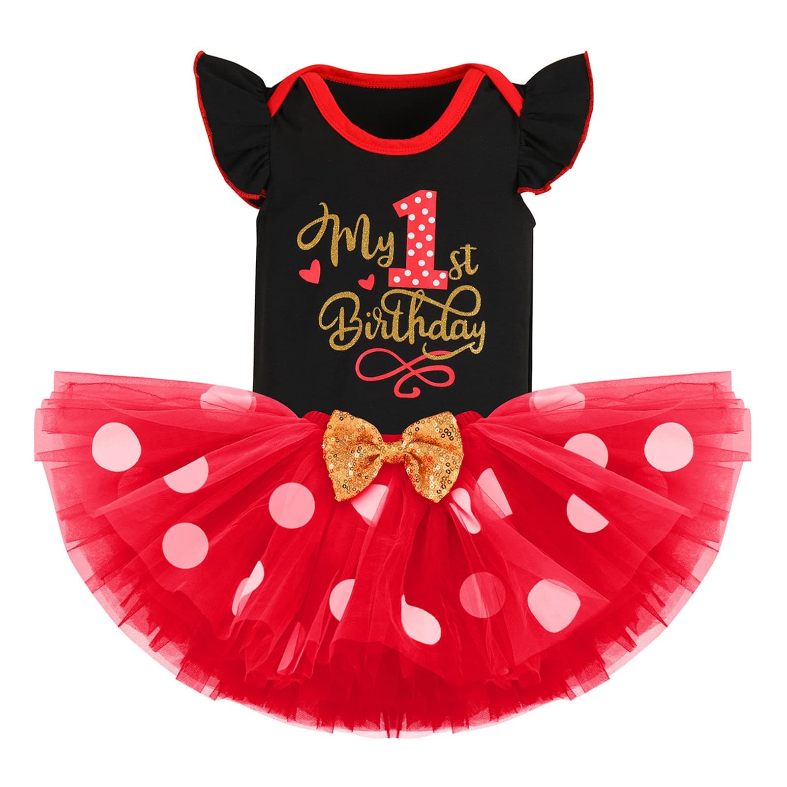Baby Girl Birthday Outfit Set: Romper Top, Polka Dots Tutu Skirt, Headband