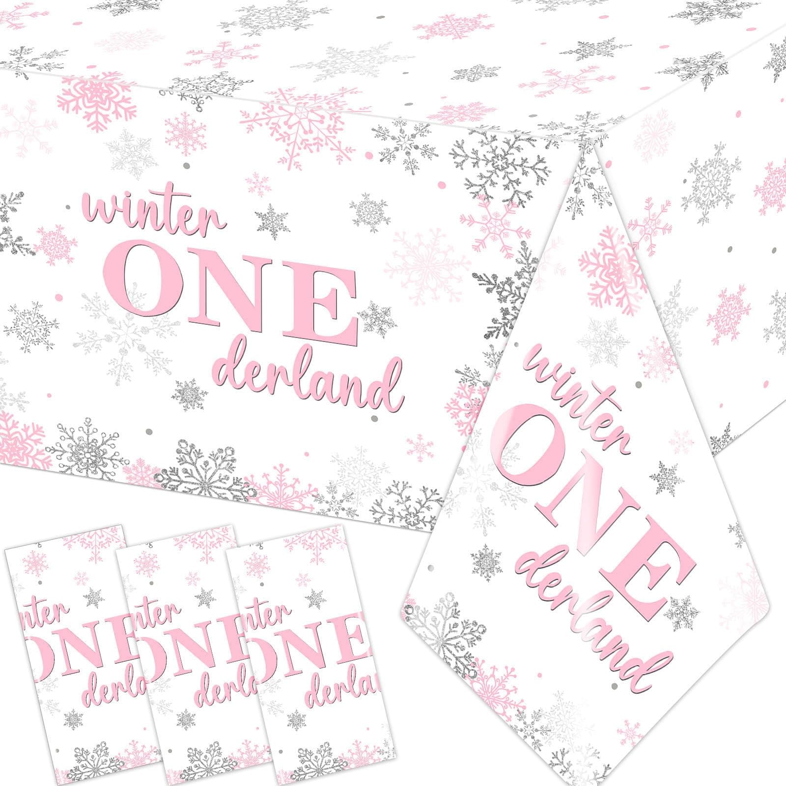 Onederland 3Pcs Winter Pink Silver Snowflake Tablecloth for 1st Birthday Girls