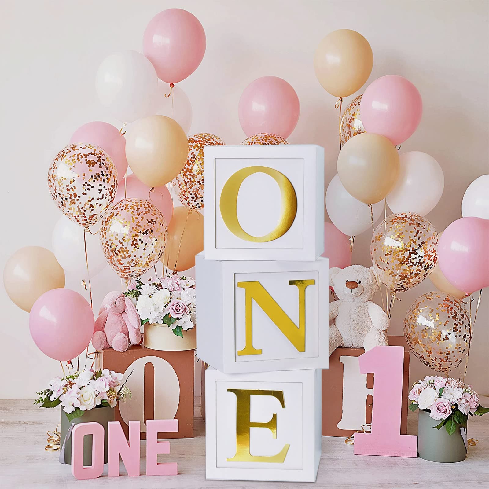 QIFU 3PC Stereoscopic Balloon Boxes with ABC Letters for 1st Birthday Decorations