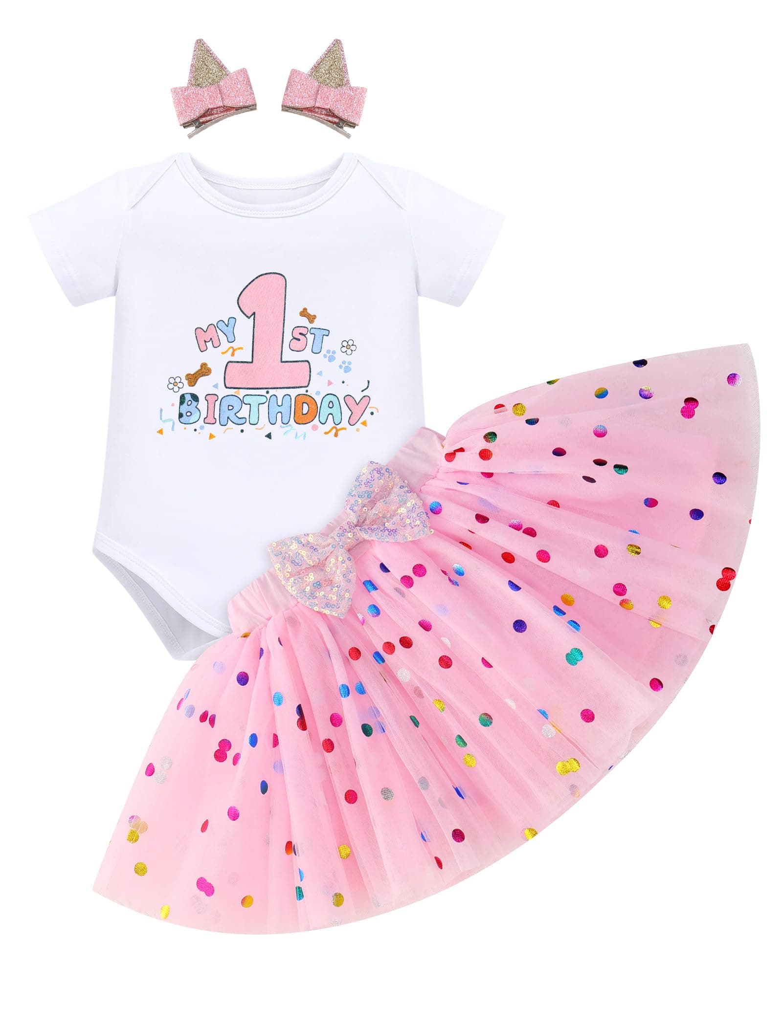 IMEKIS Baby Girl Half 1st 2nd Birthday Outfit Romper Confetti Tutu Skirt Dog Ears Hair Clips for Cake Smash Photo Shoot