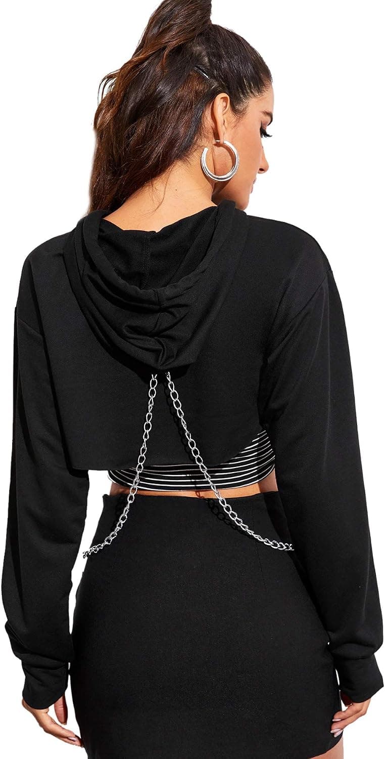 Women's Solid Black Long Sleeve Pullover Crop Top Hoodie