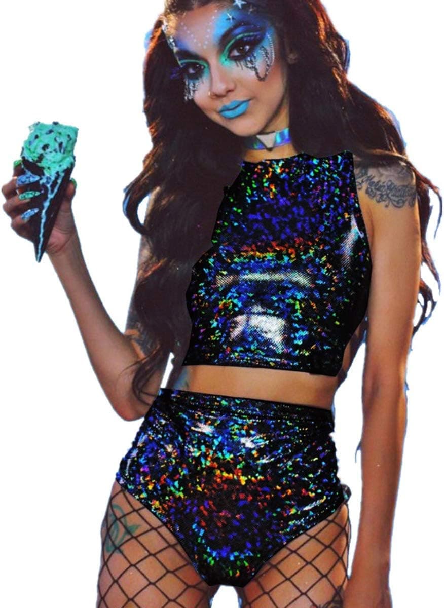 Women Rave Holographic Bodysuit Mini Two Piece Hologram Metallic Silver for Dance Party Clubwear EDM Festival